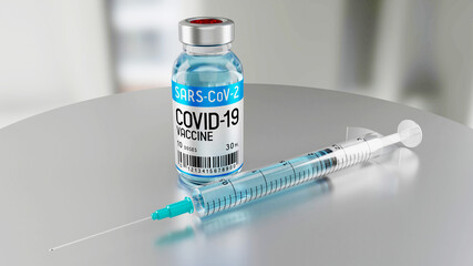 Covid-19, SARS-CoV-2, coronavirus vaccine vial and syringe - 3D illustration