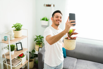 Happy man showing online his gardening hobby to friends