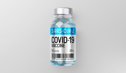 Covid-19, SARS-CoV-2, coronavirus vaccine ampoule isolated on grey background - 3D illustration
