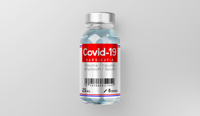 Covid-19, SARS-CoV-2, coronavirus vaccine ampoule isolated on grey background - 3D illustration