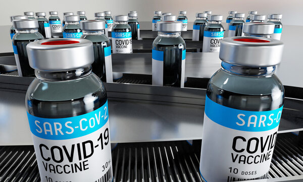 Covid-19, SARS-CoV-2, Coronavirus Vaccine Vials On Production Line - Factory Concept - 3D Illustration