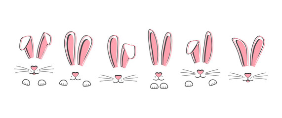 Easter vector bunnies hand drawn, face of rabbits. Cute ears and muzzle with whiskers, paws. Animal illustration