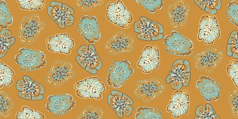 Pale blue flowers on mustard yellow. Seamless vector pattern for fabrics, stationery, scrapbook paper, gift wrap, textiles, backgrounds, and packaging.