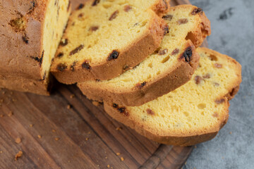 Sweet sultana pie slices on a wooden board