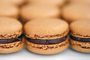 French macaron cookies filled with chocolate ganache cream