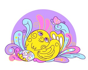 Illustration of newborn chick sitting on Easter eggs