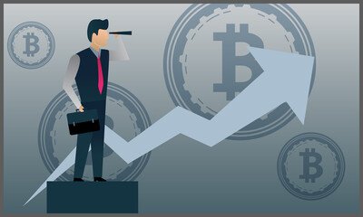 
vector illustration of a businessman standing staring at bitcoin in price, a symbol of success and business opportunity. Eps 10