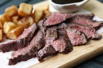 raw beef steak on wood plate