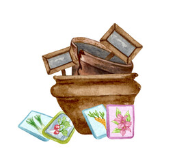 Watercolor set of garden objects (ladder, apron, rubber boots, watering can, flowerpot, cart, sun chair, mud, fence). Gardening tools. Spring garden illustration.