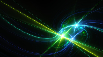 Abstract background, smooth blue and green lines on a black background.
