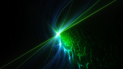 Abstract background, smooth blue and green lines on a black background.