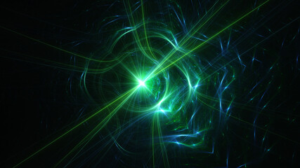 Abstract background, smooth blue and green lines on a black background.