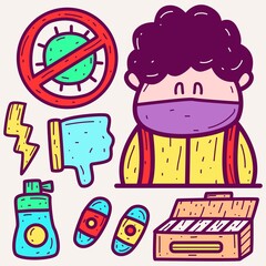 Hand drawn virus protection cartoon doodle design for wallpaper, stickers, coloring books, pins, emblems, logos and more