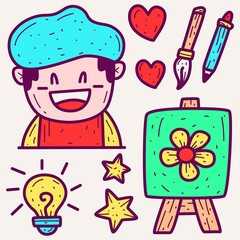 Painter cartoon doodle design for wallpaper, stickers, coloring books, pins, emblems, logos and more