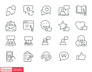 Business and finance web line icon set. Testimonials, customer relationship management or CRM concept. Simple outline style symbol collection. Vector illustration isolated. Editable stroke EPS 10.
