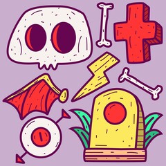 Hand drawn cartoon skull doodle design for coloring books, logos, pins, emblems, stickers and more