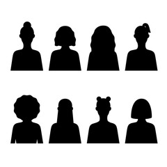 Female icon set Monochrome vector illustration in flat design Many silhouettes of women in black color with different hairstyles isolated on white background 
