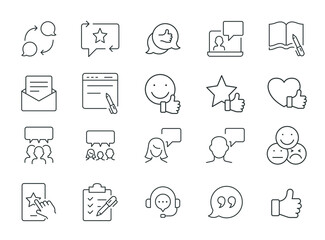 Business and finance web line icon set. Testimonials, customer relationship management or CRM concept. Simple outline style symbol collection. Vector illustration isolated on white background. EPS 10.