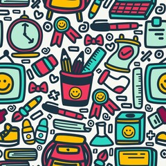 back to school cartoon doodle seamless pattern design
