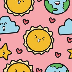 Earth and sun doodle cartoon seamless pattern design