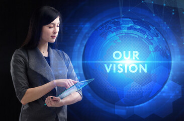 Business, Technology, Internet and network concept. Young businessman working on a virtual screen of the future and sees the inscription: Our vision