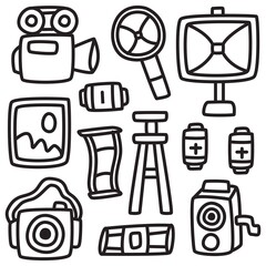 hand drawn doodle camera cartoon design for wallpaper, stickers, coloring books, pins, emblems, logos and more