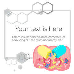 Obraz premium Vector illustration template, frame layout for slide design, presentation, title page, introduction, home page. Chemical structure is depicted. Image shows intestine with microflora bacteria inside.