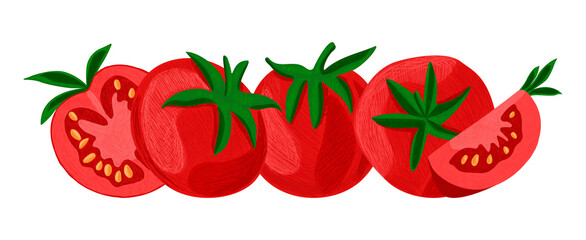 Vector isolated illustration with set tomatoes in different states. There are sliced, whole vegetables, pieces. Concept solanaceae family, food, vegetable, organic, natural food.