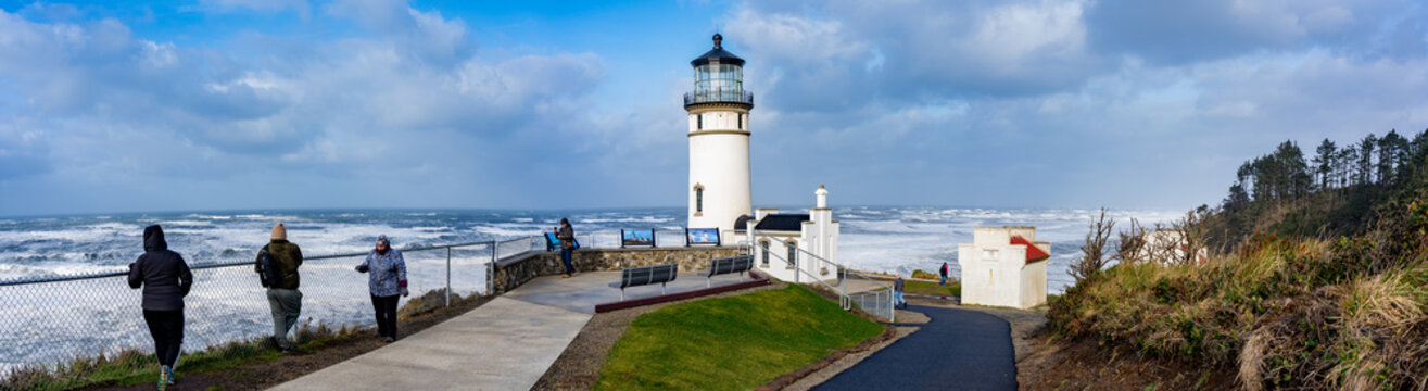 Ilwaco, Washington - 1/11/2020:  Panorama image of the North Head Lighthouse.  It is an active aid to navigation overlooking the Pacific Ocean from North Head, a rocky promontory