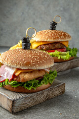 Delicious juicy burgers from Brioche Bun, fresh vegetables, delicious. Hamburger for poster or menu. Free space for text.