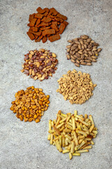 Snacks for beer. Assorted salted nuts and crunchy croutons. Octoberfest party dinner. Festive table with delicious food.