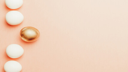 Easter background. Golden, white colour egg on pastel pink background in Happy Easter decoration. Spring holiday top view concept.