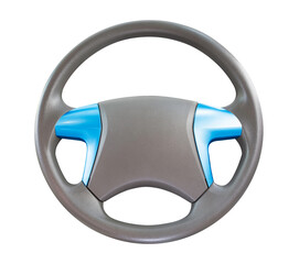 Steering wheel for car and truck isolated on white background. Automobile vehicle part or equipment. Round modern style consist of black leather and aluminum. For driver to driving control and tuning.