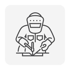 Welder vector icon. That craftsman, worker or labor who use tool and safety equipment to welding metal for industrial work i.e. fabrication, construction, production and metalworking. Editable stroke.