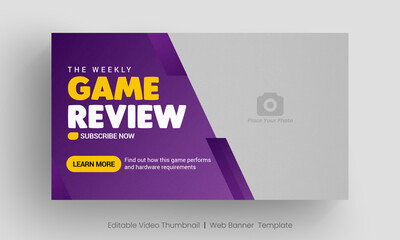 Video game review video thumbnail and web banner template. Editable video cover photo design for social media