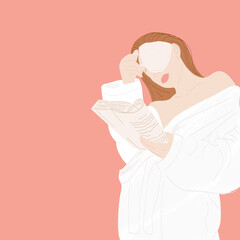 Vector illustration of girl with cup of coffee and book