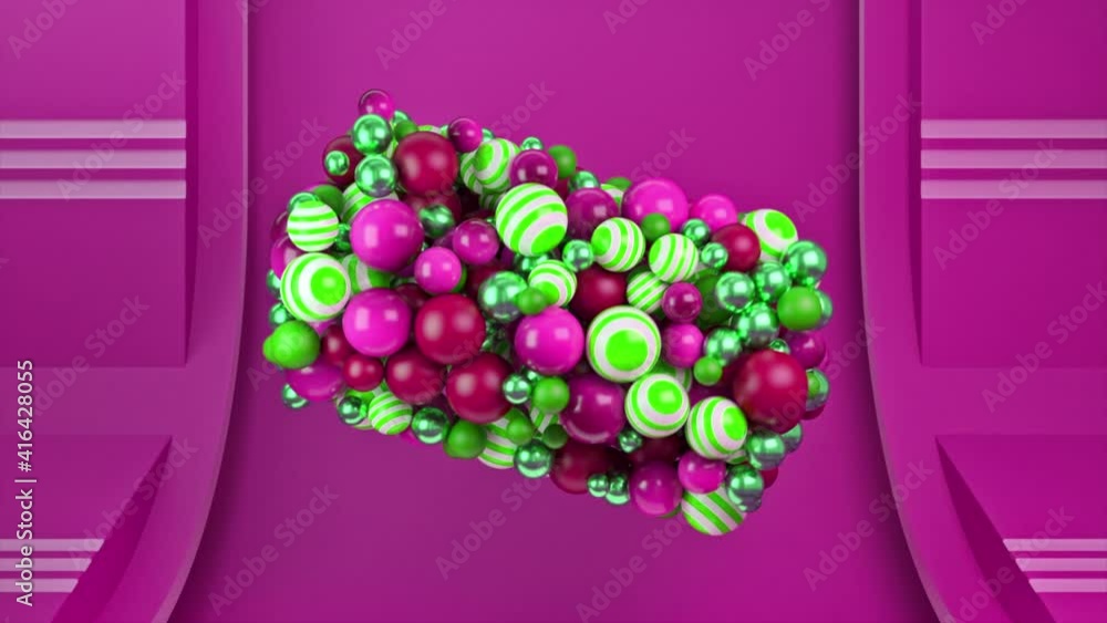 Poster abstract multicolored spheres rotating in a formed 3d figure isolated on bright pink background, sea