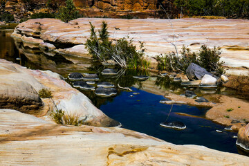 Black rocks with white ring around them in stream at Porcupine Gorge, Queensland, Australia.