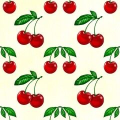 Hand drawn illustrations seamless pattern with cherries on creamy white background 