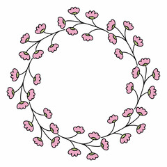 Round frame with branches of cherry blossoms for cards. Flower frame for photo design and text writing.