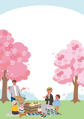 お花見をする家族のイラスト　ピクニック
