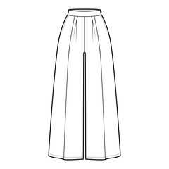 Pants gaucho technical fashion illustration with low normal waist, high rise, single pleat, ankle cropped length, seam pockets. Flat trousers apparel template white color. Women, men unisex CAD mockup