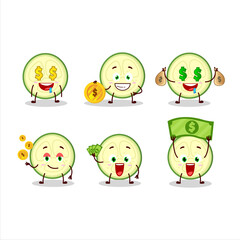 Slice of zucchini cartoon character with cute emoticon bring money