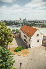 Obraz premium Most Slovenského národného povstania (Most SNP or UFO Bridge) and Danube River, Bratislava, Slovakia