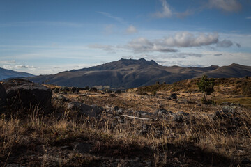 Mountain landscape with a blue sky and shattered rocks on the moor floor