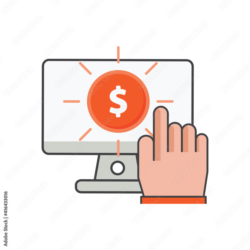 Poster finger clicking on computer with money icon. mobile finance illustration. flat vector icon. can use 