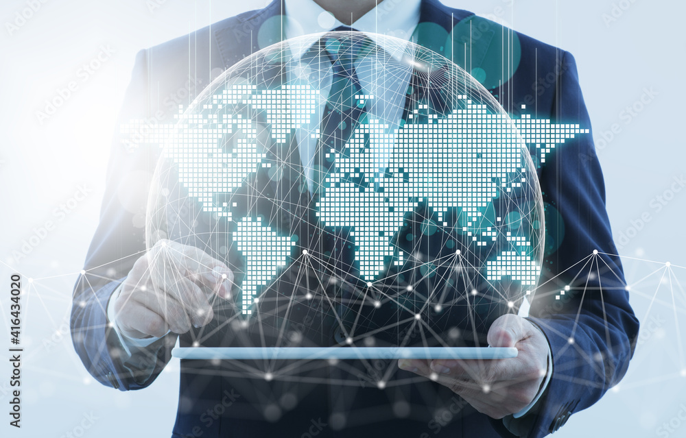 Poster Global business and network technology. Business person using tablet computer. Network structure and world map.
