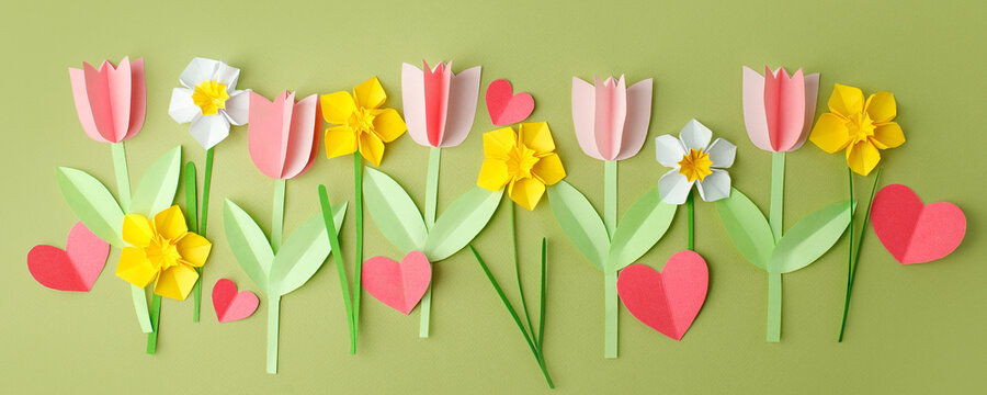 Happy Easter paper craft for kids. Paper DIY seasonal flowers tulips and hearts on pastel green background. Spring decor, create art for children, daycare, kindergarten, flyer greeting card