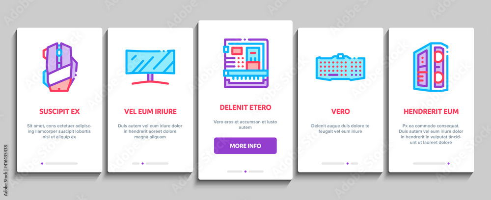 Poster computer technology onboarding mobile app page screen vector. computer mouse and keyboard, monitor a