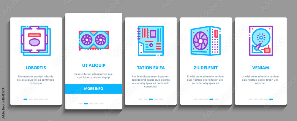 Poster computer technology onboarding mobile app page screen vector. computer mouse and keyboard, monitor a